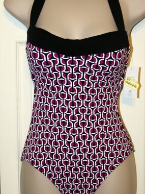 Lands' End Magenta and Black Geometric One-Piece Swimsuit size xl nwt